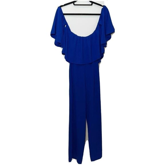 Zara Off The Shoulder Jumpsuit One Piece Womens S Royal Blue Ruffle Sleeveless - Picture 1 of 12